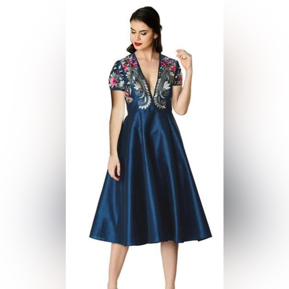 Plunge floral duponi embroidered dress